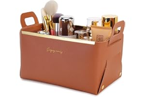 BTGGG Tragbarer Make Up Organizer,Kosmetik Aufbewahrung PU-Leder,Schminktisch Organizer mit Tragegriff,Makeup Box Beauty Organizer für Schminktisch Badzimmer Schlafzimmer 24,5 * 14,5 * 13 cm Braun