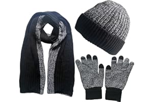 Itzu Men's Scarf Beanie Hat Gloves Set Warm Winter Knit Touchscreen Thermal Fleece Marl Ribbed