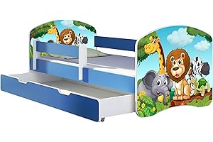 ACMA Letto per Bambino Cameretta per Bambino con Materasso Cassetto II BLU (02 Animaletti, 140x70 + Cassetto)