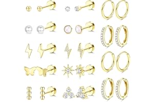 Morfetto 14Pairs Flat Back Silver Gold Earrings for Women Set Hypoallergenic Surgical Steel Stud Hoop Cartilage Earring Stack Ear Conch Daith Tragus Helix Piercing Jewellery