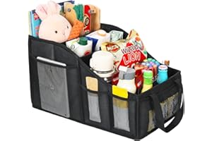 YOHOOLYO Auto Organizer Kinder Rücksitz mit 4 Fächern und 4 Getränkehalter zusammenklappbar Rückbank Beifahrersitz für Spielzeug Bücher Snacks Schwarz