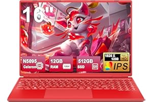 NOTODD Ordenador Portátil 16 Pulgadas Celeron N5095 Up to 2.9Ghz, Portátil Win 11 con 5G WiFi 12+512GB SSD Expansión 1TB, BT 4.2 Mini Puerto Multimedia Portatiles Ventilador Refrigeración 1920*1200-Rojo