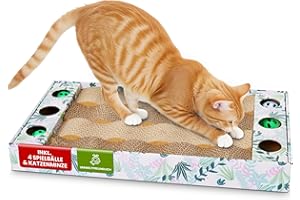 kogu ® Katzen Kratzbrett mit 4 Bällen und Katzenminze inklusive, ergonomisch geformt mit Umrandung für sauberes Spielen und kratzen von Katzen zum Schutz der Wohnung, ideale Maße 45x25x5cm