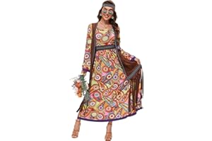 JONRRYIN 60er Jahre Kostüm Damen, Hippie Kleidung Damen Kostüm, 70er Disco Halloween Outfits, Hippie Damen Kleid Set für Karneval Party, 60er Jahre Bekleidung Accessoires