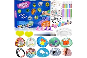 NINGESHOP Kit de Peinture sur Pierre pour Enfants, 10 Galets à Décorer, Kits de Peinture Rupestre pour Enfants, Kits de Bricolage avec 24 Peintures, Kits de Loisirs Créatifs pour Enfants de 3+ Ans