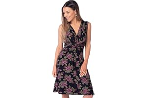 KRISP® Women Floral Printed Knee Lenght Dress Knot Front Gathered V-Neck Front Stretch