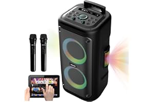Vocal-Star Maszyna do karaoke z 2 mikrofonami bezprzewodowymi, przenośny głośnik 300 W, efekty świetlne basów i wysokich tonów, EQ, AUX, efekt echo, idealny na imprezy, dla dorosłych, dzieci -