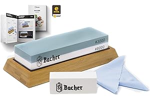 ‎BACHER BACHER kamień wodny premium, podwójna gradacja 3000/8000, ostrzałka kamienna do noży z antypoślizgową podstawą bambusową, kamieniem do wyrównywania powierzchni i szczegółowym przewodnikiem e-book