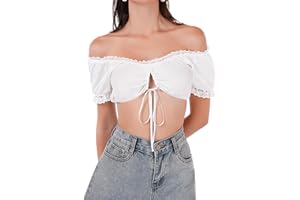 HAUSPROFI Damska bluzka Dirndl biała niedroga bluzka ludowa z koronką klasyczna na Oktoberfest