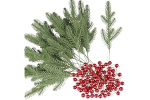 ABSDON 30 Piezas Ramas de Pino Artificiales de Navidad y 100 Piezas Bayas Rojas Artificiales de Navidad Adornos Navideños para Decoración de Árboles Regalos y Hogar Manualidades de Bricolaje