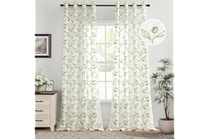 Woaboy Tende per Interni 140x260cm Vert Tende con Motivo a Foglia Finestre Voile Trasparenti per Soggiorno e Camera da Letto 2 Pezzi