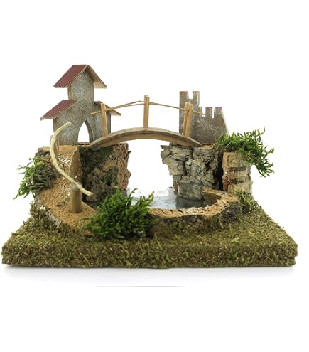 Ponte Con Ruscello Per Presepe - Accessorio In Legno E Sughero 16x8x6.5 Cm - Scenario Natalizio Artigianale