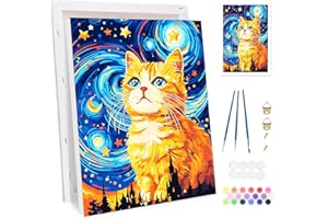 Bowetile Gato Bajo Cielo Estrellado Marco Pintar por Números para Adultos, Kit de Lienzo Animales para Principiantes, Kit Dibujo con Pigmentos Acrílicos para Decoración del Hogar 20x30cm