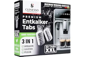 ‎CLENESSO 3-in-1 Entkalkungstabletten für Kaffeevollautomaten & Kaffeemaschinen (50 Stück) – Entkalker Kaffeevollautomat kompatibel mit Siemens EQ Series, Jura, Krups, Delonghi, Philips, Miele, Tassimo uvm.