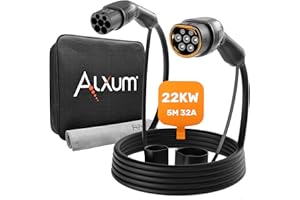 Alxum Type 2 Câble de Charge Véhicules électriques 32A/ 22kW/triphasé/5 mètres, IP55 Câble de Charge Rapide Type 2 avec Sac et Chiffon en Microfibre pour véhicules électriques Hybrides Rechargeables