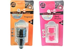 AMBICAR - Ambientador eléctrico para COCHE. Pack Nº3 (DIFUSOR + RECAMBIOS Tropical y Frutos Rojos) Esencias Naturales, SIN Alcohol ni Químicos. Fragancia frutal y aroma de fresa