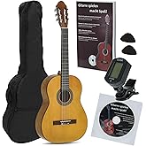 Navarrez NV11PK Starter Set guitarra clásica marrón 4/4, bolsa/Gig Bag, libro con CD, afinador (tuner),2 púas