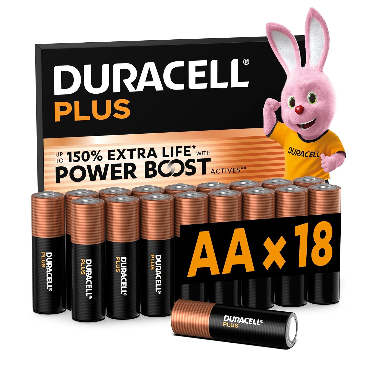 DURACELL Plus AA Pilas Alcalinas (Paquete de 18) 1.5V, LR06 | Hasta un 150% de extra duración con POWER BOOST ACTIVES – Mandos para videojuegos y cámaras digitales
