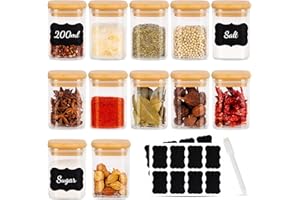 SOLVANT Zestaw 12 kwadratowych słoiczków na przyprawy 200 ml hermetycznych z drewnianą pokrywką, szklany zestaw słoiczków na przyprawy, pojemnik na przyprawy zestaw słoiczków na przyprawy