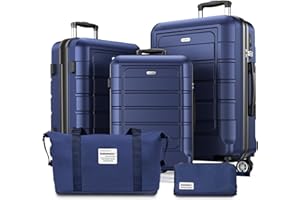 SHOWKOO Lot de 5 Valise Rigide de Voyage Légère PC+ABS Extensible Durable Trolley Sets de Bagages Cabine avec Trousse de Toilette et Sacs de Voyage, Bleu