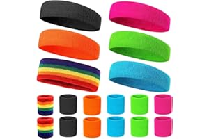 KDUH Serre Poignet Fluo Annees 80 18 Pièces Set 12 Pièces Bracelet Fluo 6 Pièces Bandeau Fluo Rétro Accessoires de Fête pour Femmes Hommes 6 Couleurs Noir Bleu Orange Rose Vert Arc-en-Ciel