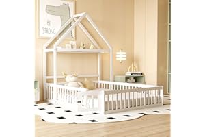 MYBOO Children's Floor Bed, Double Bed 140 x 200 cm, with Safety Grille & Slatted Frame & Roof & Clothes Rail, Montessori Bed, Cot Bed, House Bed, Pine Bed Frame, Youth Bed, Without Mattress, White