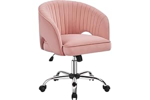 Yaheetech Velvet Desk Chair, Makeup Vanity Chair with Tufted Barrel Back Adjustable Velvet Accent Armchair Swivel Office Chair for Home Office Pink