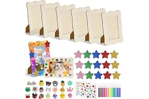 FYSL 6er-Set Holzbilderrahmen zum Bemalen für Kinder (14x19cm) | Bilderrahmen Bastelset mit 12 Wasserfarben, Glitzersteinen & 3D-Stickern | Kreativ-Set zur Selbstgestaltung