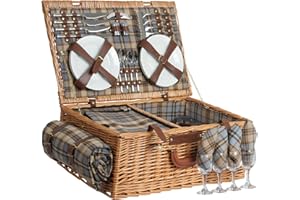 ‎CAMPFEUER CampFeuer Picknickkorb 4 Personen mit Geschirr-Set und Kühlfach | 29-teilig | Picknickkoffer mit kariertem Innenmuster | Weidenkorb mit Kunstlederriemen | Picknicktasche, Picknick Set