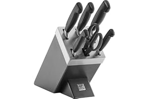 ZWILLING Bloc de Couteaux SharpBlock (7 pièces) avec Affûteur Intégré, Bloc Gris en Bois de Frêne, Couteaux/Ciseaux, Acier Inoxydable, Manche Noir, série Four Star