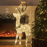 DELICHTER LED Rentier Metall Gold Weiß Eisen Rahmen Beleuchtet Weihnachtshirsch warm weiß Weihnachten Deko für Innen Außen（1.