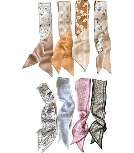 Lot 12 Foulards Satin Imprimés Étroit – Rubans Cheveux, Écharpes Fines Colorées, Accessoires Sac & Coiffure, Style Rétro Floral 90x4 Cm