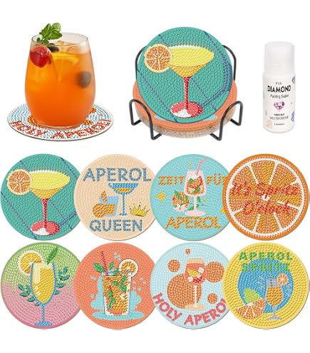 Peinture Sur Verre 8 Pièces 5D DIY Diamant Peinture Dessous De Verre Avec Support 9.5cm Style Aloha Diamant Rond Arts Et Artisanat Peinture Dessous De