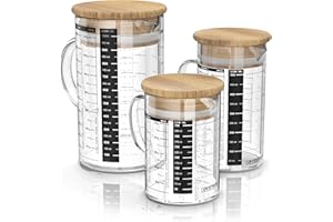 Arendo - Messbecher Set aus Glas - Größen 350ml, 500ml, 1000ml (0,35l 0,5l 1l) – Messkrug Glas Krug – Borosilikatglas – präzise Skala – hitzebeständig – Glasbehälter mit Bambusdeckel - Silikondichtung