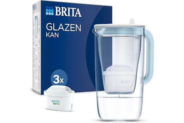 BRITA MAXTRA glasfilterkaraff, 3 rena prestandapatroner | Ljusblå, 2,5 L, BRITA Smart Light LTI, fällbart lock, minskar föroreningar, lite PFAS**, klor och metaller