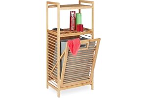 Relaxdays Estantería Baño Cesto Colada, 2 Baldas, Colector Ropa Inclinable, Bambú y Tela, 95 x 40 x 30 cm, Natural Gris