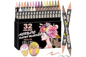 ‎NICETY NICETY 32 Stück Acrylstifte für Steine Wasserfest - Dual Tip Acrylmarker Multimarker für Steine Bemalen Holz Stein Stoff Glas Keramik,0.5-5mm Acrylfarben Stifte Acrylic Paint Marker (Hauttöne)