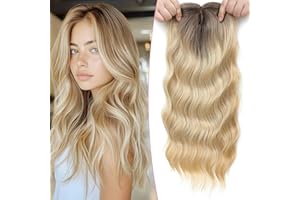 Lasunork Hair Toppers for Women Wavy Curly Hair Topper Hand-Tied Lace Clip in Fringe (Ombre Dark Root to Blonde)