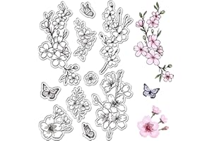 CRASPIRE Fiori di Ciliegio Timbri Trasparenti Fiori Sakura Giapponesi Farfalla Riutilizzabili Retro Trasparenti Sigilli per Timbri in Silicone per Scrapbooking Album Fotografico Decorativo per Diario