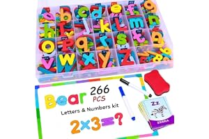 Magnetic Letters and Numbers Kit, 266 Pcs with Dry Erase Board, 26 Flash Cards, 2 Markers and Eraser, Multicolour, Montessori Educational Learning Set