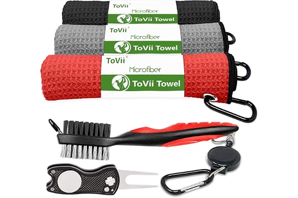 ToVii Serviette de Golf en Microfibre gaufrée | Kit d'outils de Brosse avec Nettoyeur de rainures de Club | Outil de divot de Golf | Accessoires de Golf pour Homme