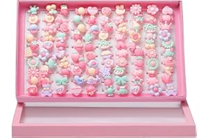 Wodasi 100 pierścionków dla dzieci, pierścionki dla dziewczynek z pudełkiem, pierścionki dla dzieci z motywem kreskówek, słodyczy, kwiatów, w kształcie zwierząt - zestaw pierścionków dla dzieci, losowy styl