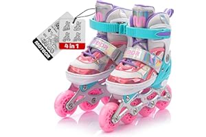 Patins à roulettes pour Enfants 4 en 1 réglables 25-37 – Rollers, quads et Glace – Coque Haute Stable, Roues PU, ABEC-7 – par Meteor