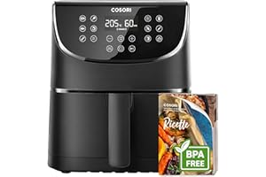COSORI Friggitrice ad Aria 5,5 Litri, Air Fryer, 1700W, 13 Funzioni, 85% Meno Olio, 75℃-205°C, 40 Ricette Italiane, Display Digitale, CP158 Nero, Piastra o Cestello interiore Spedizione Casuale