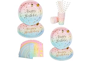 DAOUZL 80 PCS Assiettes de Fête Anniversaire Assiette Jetable Vaisselles Anniversaires Assiette Carton Anniversaire Arc en Ciel Vaisselle avec Assiette Gobelets Pailles Serviettes en Papier 16 Invités