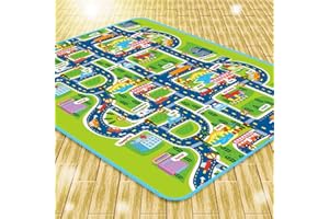 OHMG Tapis de Voiture pour Enfants, Tapis de Jeu pour Enfants, 160×130 cm, Vert, Urbain, Rectangulaire, Doux et Antidérapant