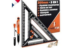 THORVALD 5 en 1 Equerre Menuisier Charpentier 300 mm + Crayon Chantier - Multifonction : Trusquin/Raporteur/Coupe de Chevron/Equerre a chapeau - Aluminium - Outil pour gagner du temps