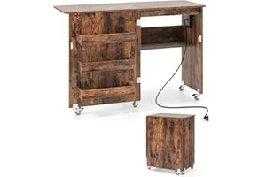 COSTWAY Mobile per Macchina da Cucire Pieghevole, Tavolo da Cucito con Stazione di Ricarica, Ruote Bloccabili, Ripiano e Contenitori (Marrone, 116 x 41 x 78 cm)