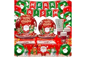 AIPartywar Fournitures de Fête de Noël Vaisselle Vert Rouge Merry Christmas Assiette Carton Gobelet Serviette Papier Paille Décoration Table (20 Invités)