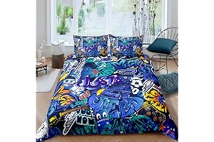 LOUSSIESD Set di biancheria da letto hippie graffiti con piumone hippie, set di biancheria da letto per videogiochi, giochi rock, musica a tema per videogiochi, sport, chitarra, (singolo, blu, 2 pezzi)